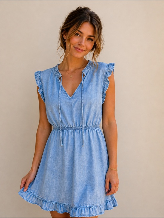 Dex Dresses & Skirts - Dex Light Blue Denim Ruffle Sleeve Mini Dress